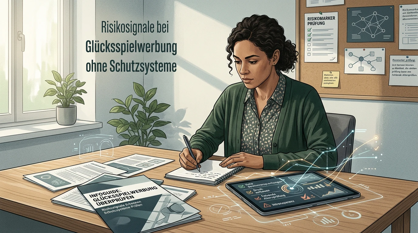 Abstrakte Warnsignale und Prüfnotizen zu riskanten Glücksspielversprechen auf einer ruhigen Arbeitsfläche