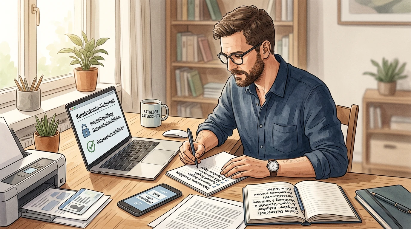 Schreibtisch mit Datenschutz-Checkliste, Sicherheitssymbolen und Dokumentenmappe ohne Markenbezug