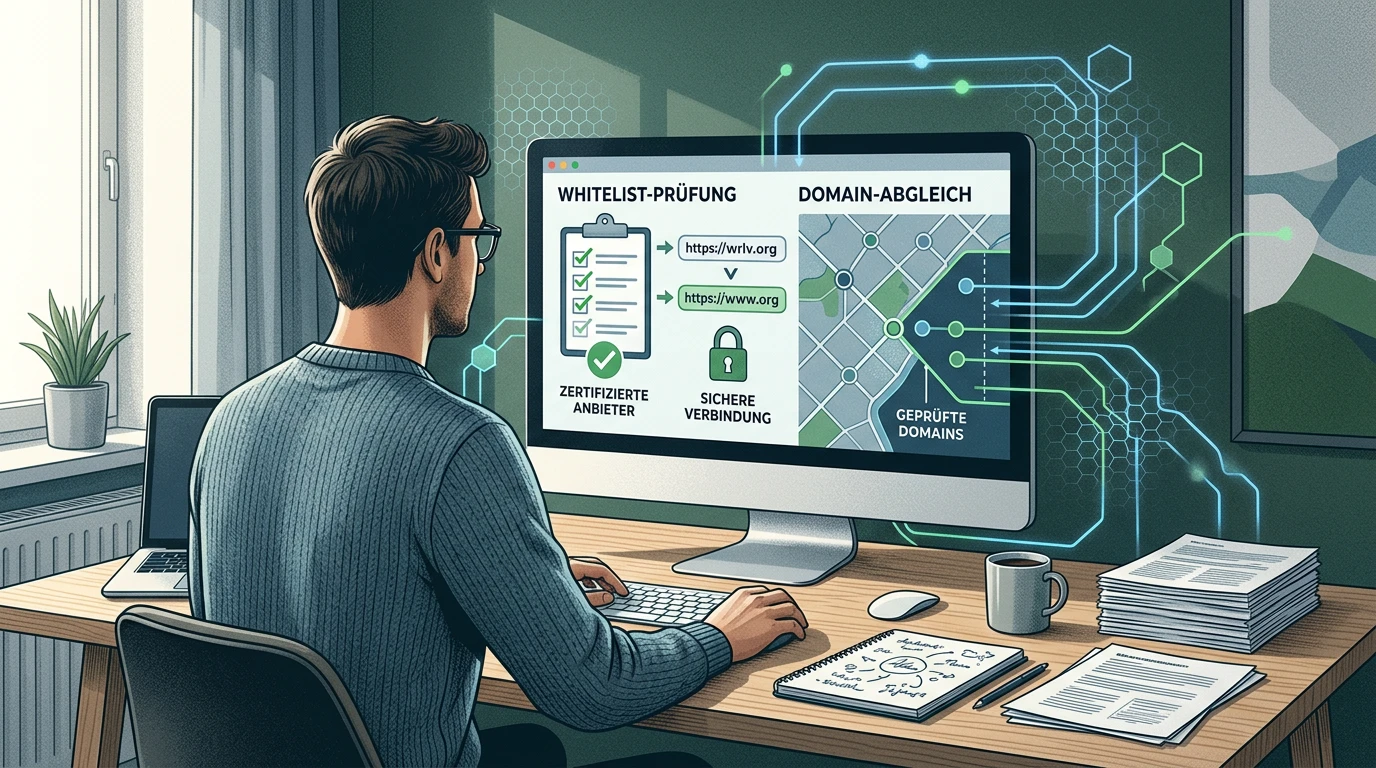 Laptop mit geordneter Prüfliste für Domains und Anbieterangaben auf einem Schreibtisch
