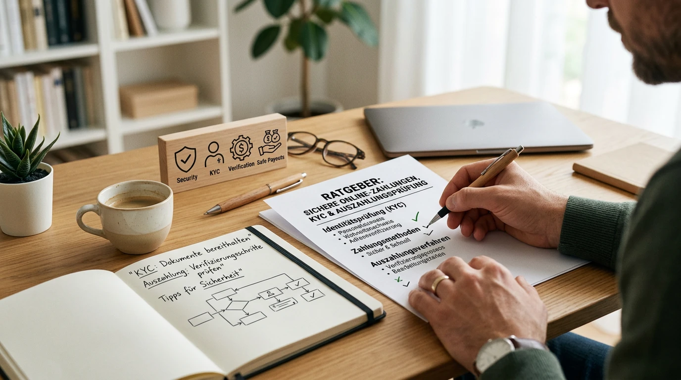 Notizbuch mit Zahlungsprüfung, Ausweissymbol und ruhiger Checkliste auf einem Schreibtisch